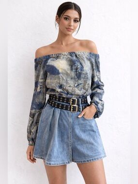 Stylish Off-Shoulder Denim Top and Skirt Set